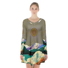 Surreal Art Psychadelic Mountain Long Sleeve Velvet V-neck Dress