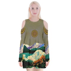 Surreal Art Psychadelic Mountain Velvet Long Sleeve Shoulder Cutout Dress