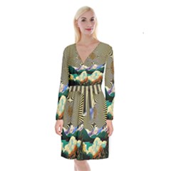 Surreal Art Psychadelic Mountain Long Sleeve Velvet Front Wrap Dress by Modalart