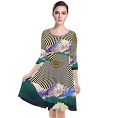 Surreal Art Psychadelic Mountain Quarter Sleeve Waist Band Dress