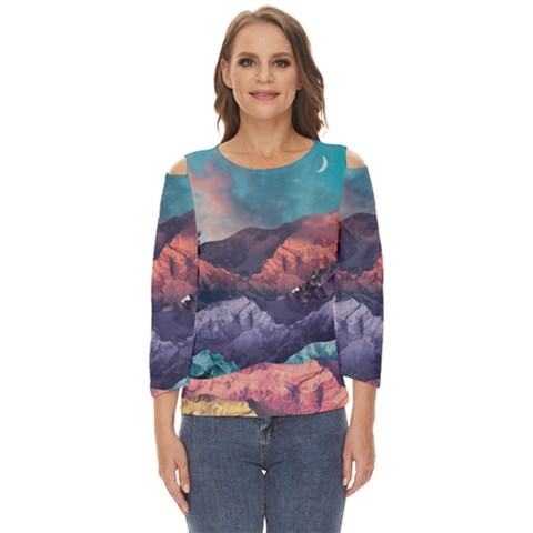 Adventure Psychedelic Mountain Cut Out Wide Sleeve Top by Modalart