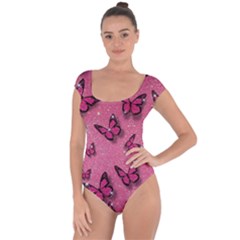 Pink Glitter Butterfly Short Sleeve Leotard  by Modalart