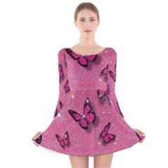 Pink Glitter Butterfly Long Sleeve Velvet Skater Dress