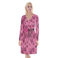 Pink Glitter Butterfly Long Sleeve Velvet Front Wrap Dress by Modalart