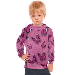 Pink Glitter Butterfly Kids  Hooded Pullover by Modalart