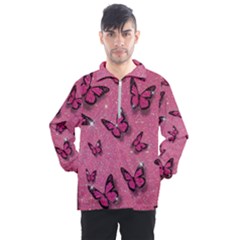 Pink Glitter Butterfly Men s Half Zip Pullover