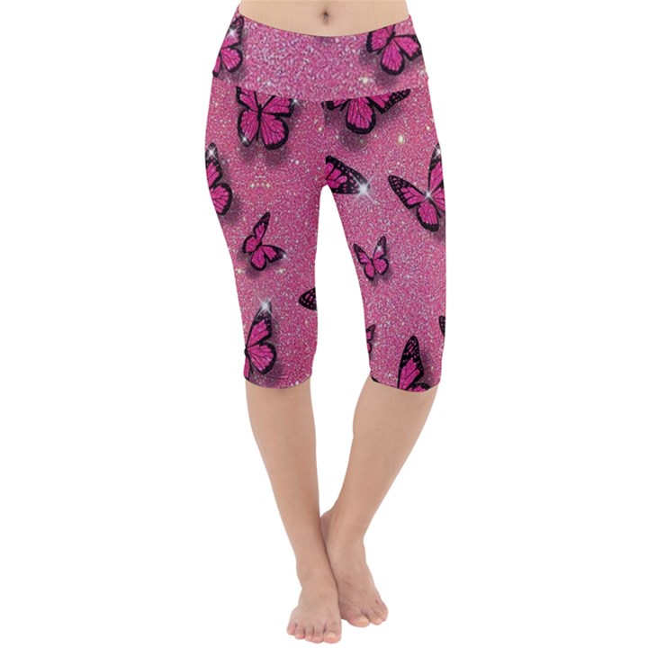 Pink Glitter Butterfly Lightweight Velour Cropped Yoga Leggings