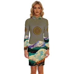 Surreal Art Psychadelic Mountain Long Sleeve Shirt Collar Bodycon Dress by Modalart