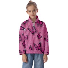 Pink Glitter Butterfly Kids  Half Zip Hoodie