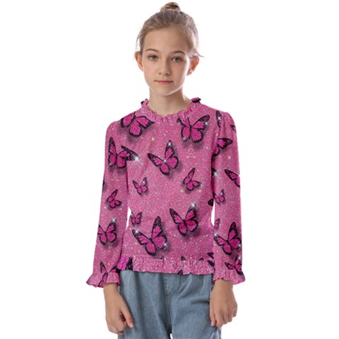 Pink Glitter Butterfly Kids  Frill Detail T-shirt by Modalart