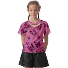 Pink Glitter Butterfly Kids  Front Cut T-shirt