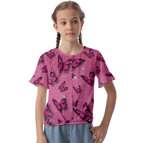 Pink Glitter Butterfly Kids  Cuff Sleeve Scrunch Bottom T-shirt by Modalart