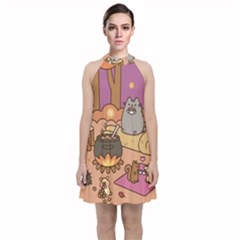 Pusheen Cute Fall The Cat Velvet Halter Neckline Dress 