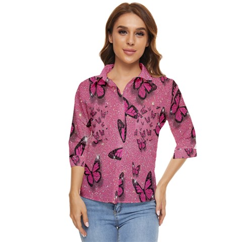 Pink Glitter Butterfly Women s Quarter Sleeve Pocket Shirt by Modalart