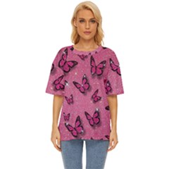 Pink Glitter Butterfly Oversized Basic T-shirt by Modalart