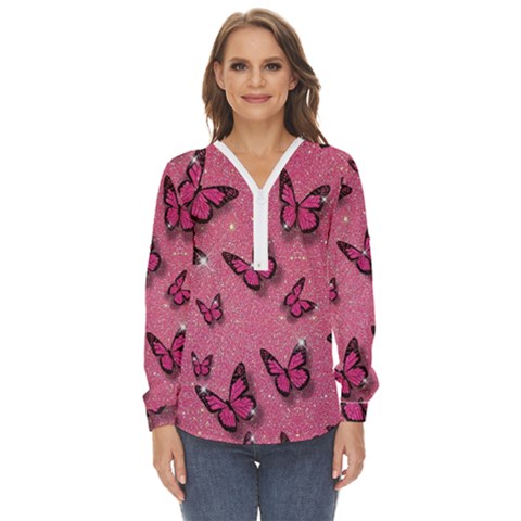 Pink Glitter Butterfly Zip Up Long Sleeve Blouse by Modalart