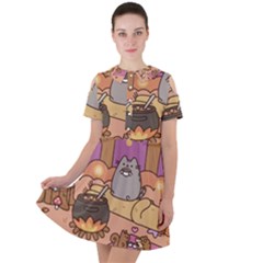 Pusheen Cute Fall The Cat Short Sleeve Shoulder Cut Out Dress  by Modalart