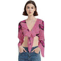 Pink Glitter Butterfly Trumpet Sleeve Cropped Top