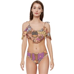 Pusheen Cute Fall The Cat Ruffle Edge Tie Up Bikini Set	