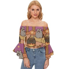 Pusheen Cute Fall The Cat Off Shoulder Flutter Bell Sleeve Top