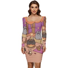 Pusheen Cute Fall The Cat Women Long Sleeve Ruched Stretch Jersey Dress