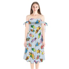 Fish Ocean Sea Water Diving Blue Shoulder Tie Bardot Midi Dress by Modalart