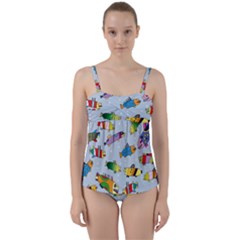 Fish Ocean Sea Water Diving Blue Twist Front Tankini Set by Modalart