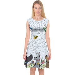 Dog Puzzle Maze Bee Butterfly Capsleeve Midi Dress by Modalart