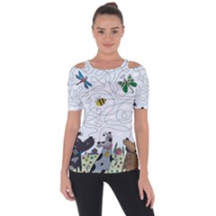 Dog Puzzle Maze Bee Butterfly Shoulder Cut Out Short Sleeve Top by Modalart