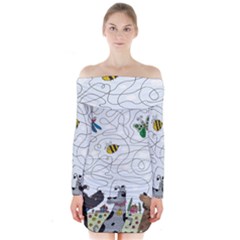 Dog Puzzle Maze Bee Butterfly Long Sleeve Off Shoulder Dress by Modalart