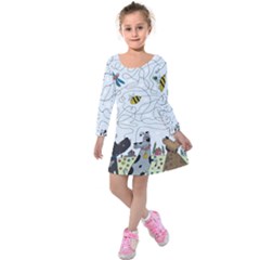 Dog Puzzle Maze Bee Butterfly Kids  Long Sleeve Velvet Dress