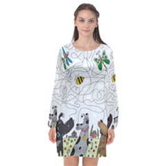 Dog Puzzle Maze Bee Butterfly Long Sleeve Chiffon Shift Dress  by Modalart