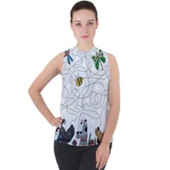 Dog Puzzle Maze Bee Butterfly Mock Neck Chiffon Sleeveless Top by Modalart