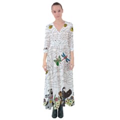 Dog Puzzle Maze Bee Butterfly Button Up Maxi Dress by Modalart