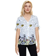 Dog Puzzle Maze Bee Butterfly Bow Sleeve Button Up Top by Modalart