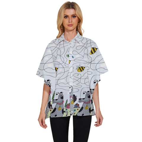 Dog Puzzle Maze Bee Butterfly Women s Batwing Button Up Shirt by Modalart