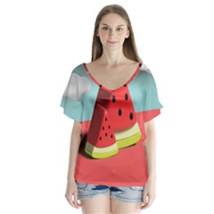 Watermelon Fruit V-neck Flutter Sleeve Top by Modalart