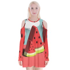 Watermelon Fruit Velvet Long Sleeve Shoulder Cutout Dress