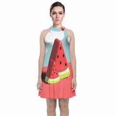 Watermelon Fruit Velvet Halter Neckline Dress 