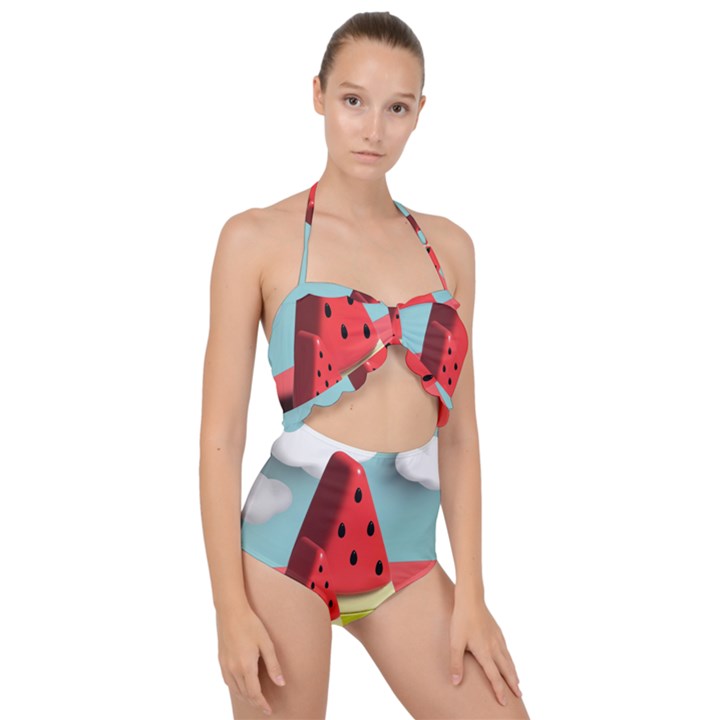 Watermelon Fruit Scallop Top Cut Out Swimsuit