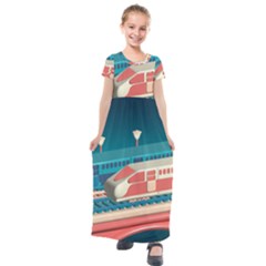 Leaves Boho Plant Bohemian Drawing Kids  Short Sleeve Maxi Dress by Modalart