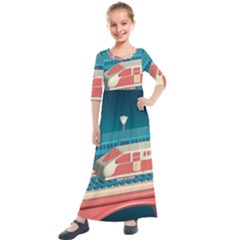 Leaves Boho Plant Bohemian Drawing Kids  Quarter Sleeve Maxi Dress by Modalart