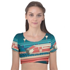 Bridge Transportation Train Toys Velvet Short Sleeve Crop Top  by Modalart