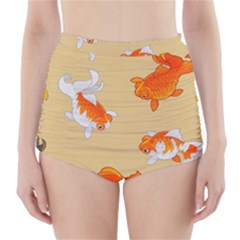 Gold Fish Seamless Pattern Background High-waisted Bikini Bottoms by Bedest