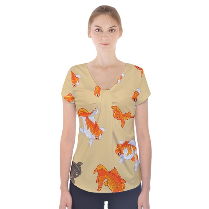 Gold Fish Seamless Pattern Background Short Sleeve Front Detail Top