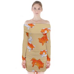 Gold Fish Seamless Pattern Background Long Sleeve Off Shoulder Dress by Bedest