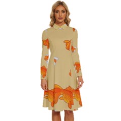 Gold Fish Seamless Pattern Background Long Sleeve Shirt Collar A-line Dress by Bedest