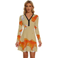 Gold Fish Seamless Pattern Background Long Sleeve Deep V Mini Dress  by Bedest