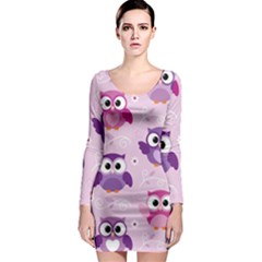 Seamless Cute Colourfull Owl Kids Pattern Long Sleeve Bodycon Dress by Bedest