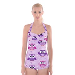 Seamless Cute Colourfull Owl Kids Pattern Boyleg Halter Swimsuit 